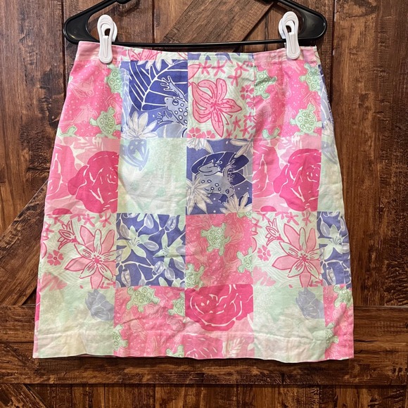 Lilly Pulitzer vintage Skirt Sz 10 Patchwork Floral Turtle Frog Print Pink Blue - Picture 1 of 7